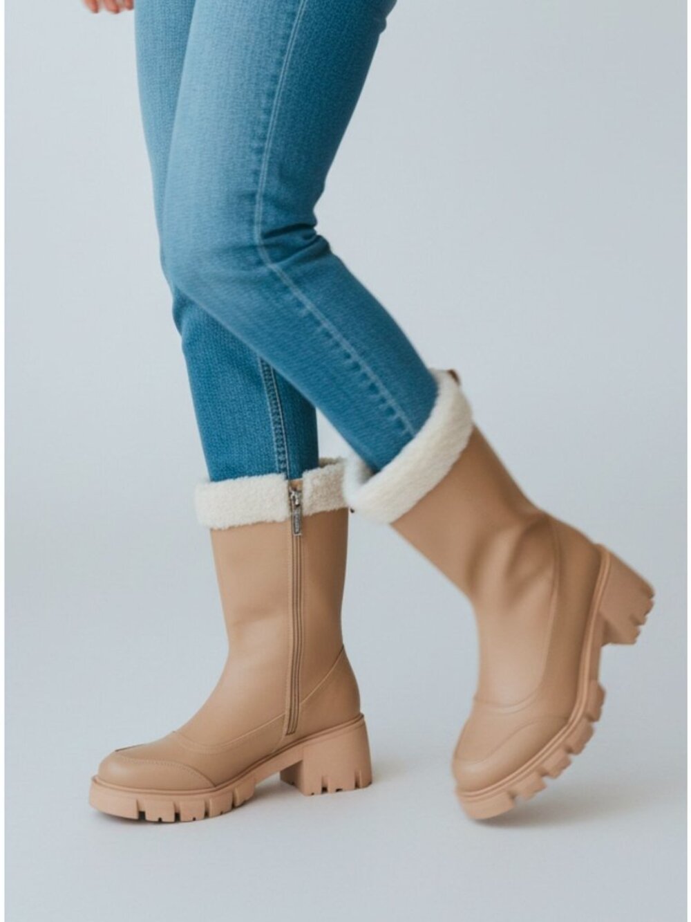 Chunky Sole Faux Leather Mid-Calf Boots With Shearling Trim Nude Color
